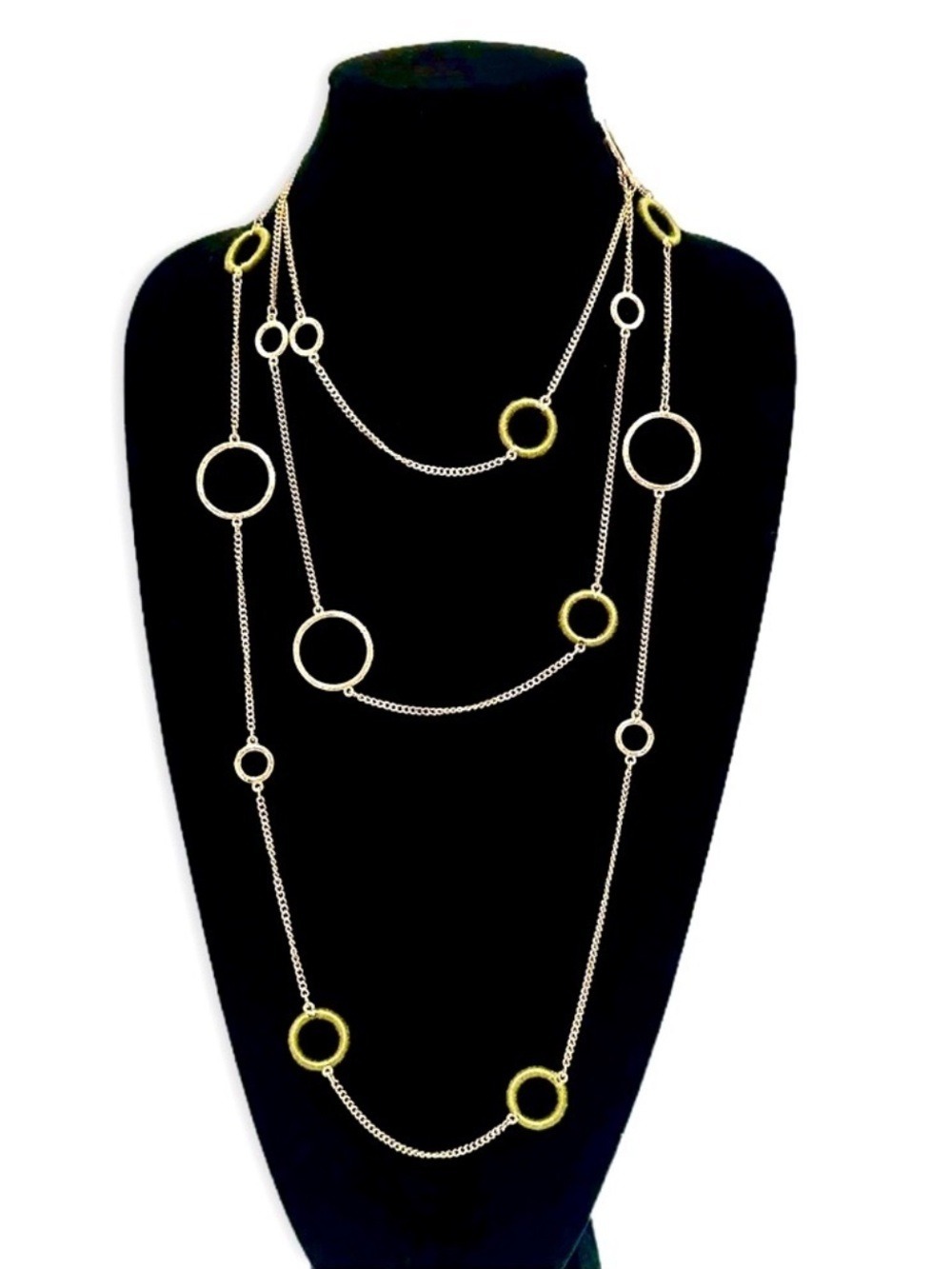 WHBM Gold & Olive Thread-Wrapped Circle Layered Station Necklace | NWT